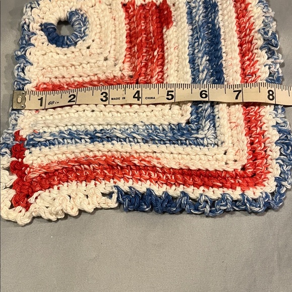 Handmade Crochet Knitted Pot Holders Set of 7 Seven Red, Blue, White - Picture 3 of 8